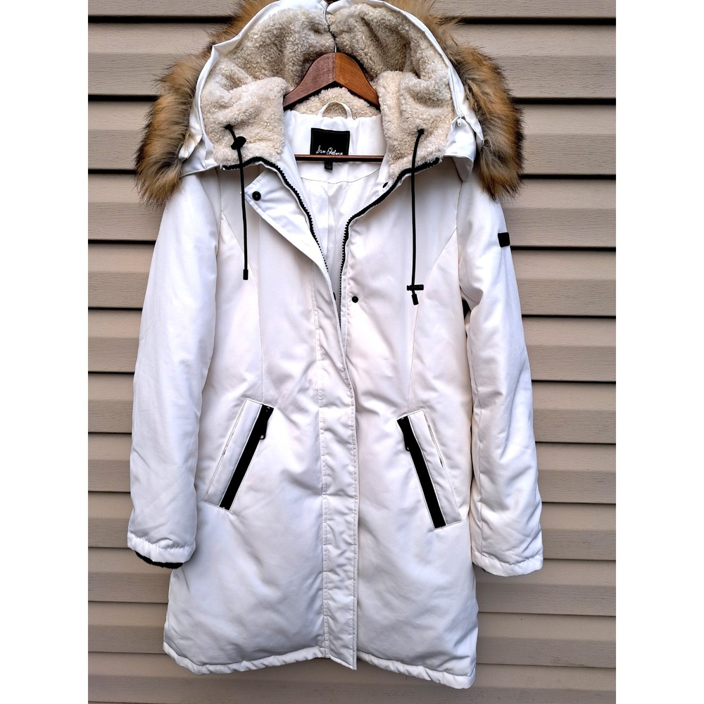 Sam Edelman Women's White Hooded Front Zipper Long Parka Water-Resistant Size M